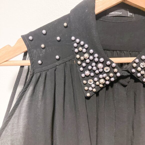 Jewel Collar Button-up Sleeveless Sheer Shirt - Picture 9 of 14